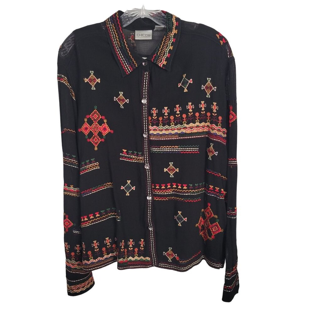 Chico's 2 Size L Twin Set Satin Tank Embroidered Beaded Crepe Shirt Jacket - Picture 2 of 14